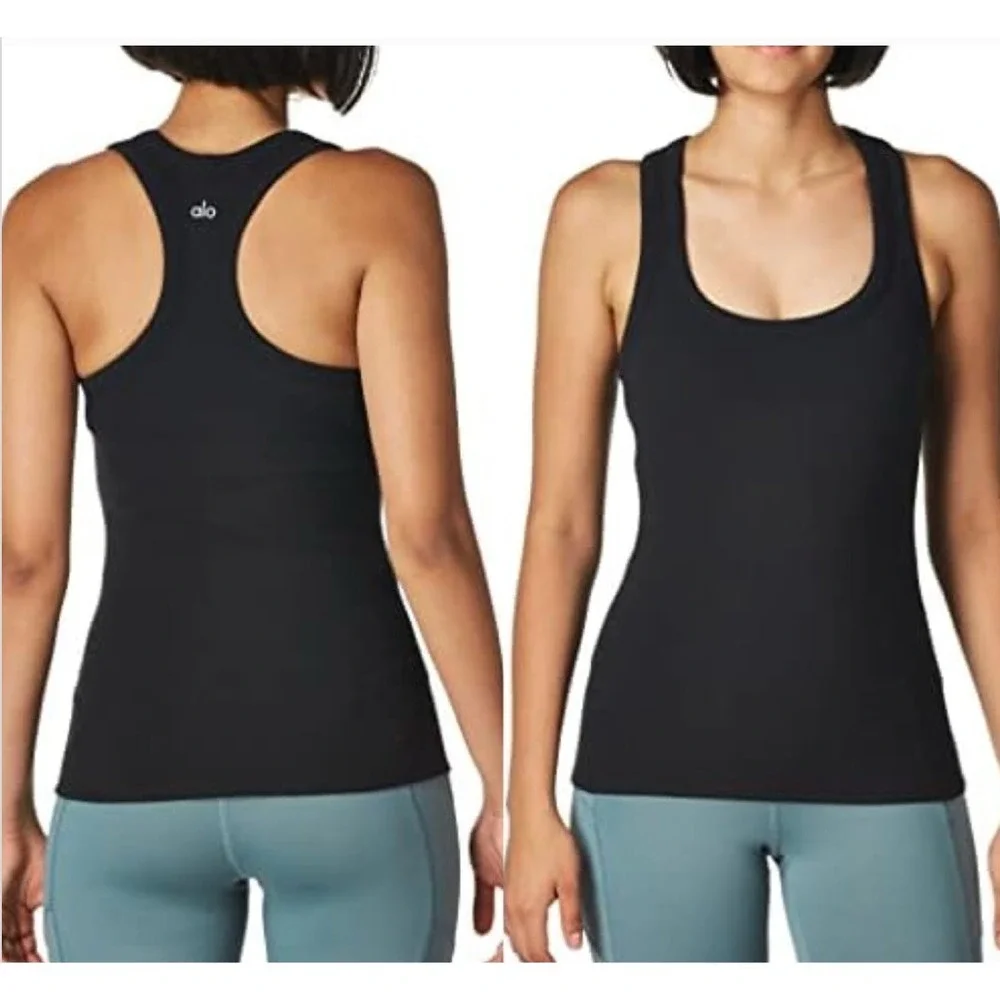 Alo Yoga Rib Support Tank Black Ribbed Racerback Built In Bra Workout Top, Large